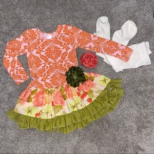 Toddler GIGGLE MOON Floral Dress 3-pc. Set- Dress, Flower Bow, Tights
